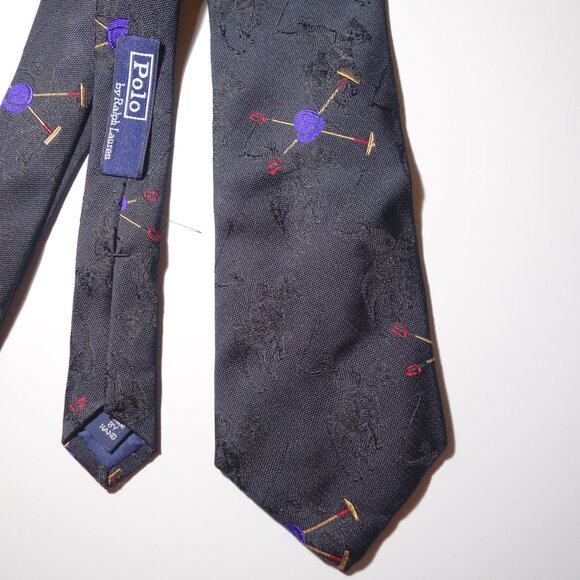 Vtg Ralph Lauren Embroidered Black On Black Equestrian Polo Player Tie Made Hand - Picture 4 of 11